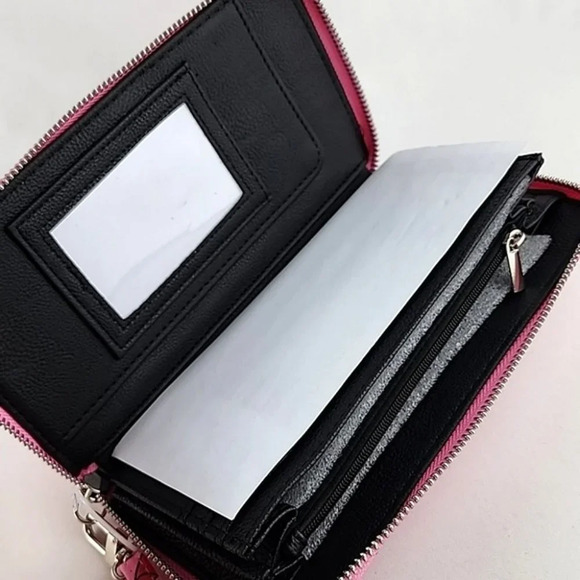 Betsey Johnson Clutch Wallet Zip Around Barbie Pink Lipstick Bow Faux Leather - Picture 9 of 16